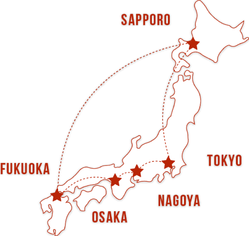 TOHOマーケは全国5か所(東京本社・大阪・名古屋・札幌・福岡)に事業所を展開しています。